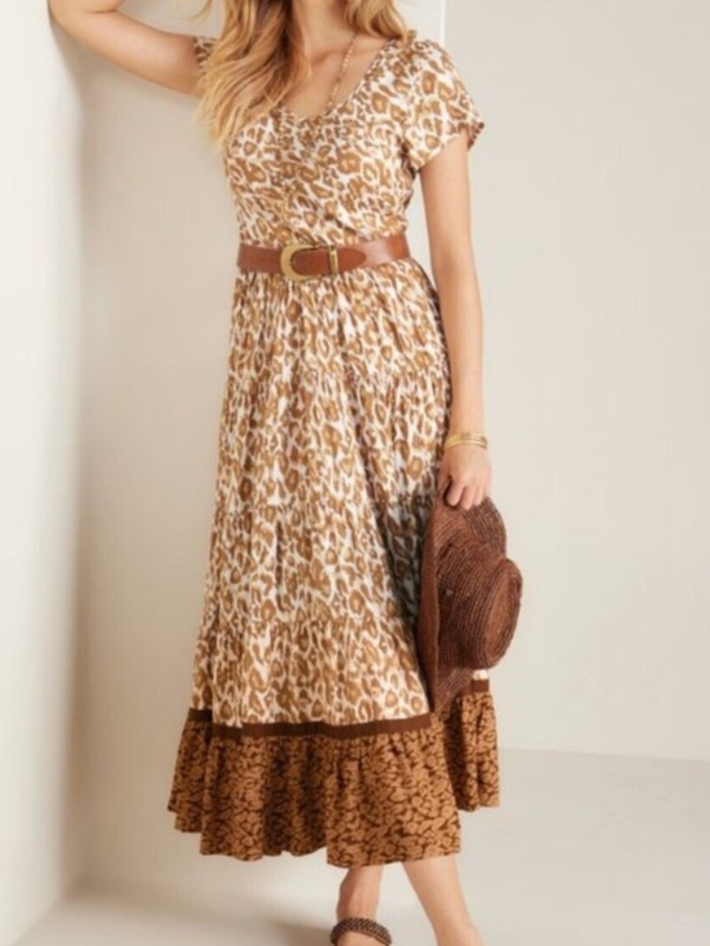 Soft Surroundings Kara Leopard Animal Print Tiered Maxi Dress